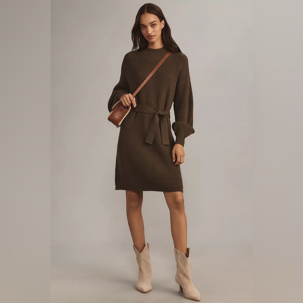 Anthropologie Maeve Long-Sleeve Mock-Neck Tie-Waist Mini Dress green
Size XS